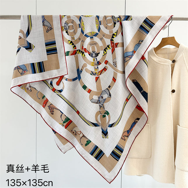 High-End Silk Wool Scarf for Women, Elegant and Warm Silk Wool Large Square Scarf for Air-Conditioned Rooms