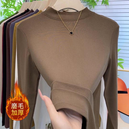 Brushed Thickeneded Small Stand-Up Collar Bottoming Shirt for Women in Spring, Autumn and Winter with Velvet and Thickeneding 2025 New Warm Top for Women