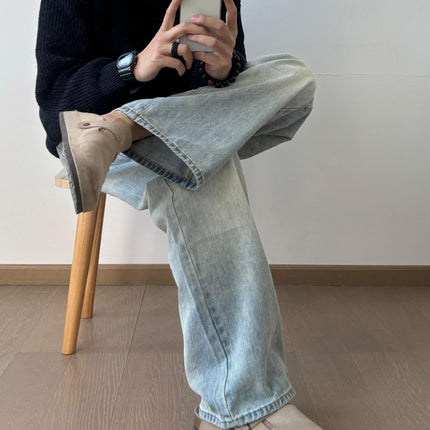 RDT Men's Wear | cleanfit Washed Old Vintage Ice Blue Cream Falling Cat Must Scratch Slight Jeans Men