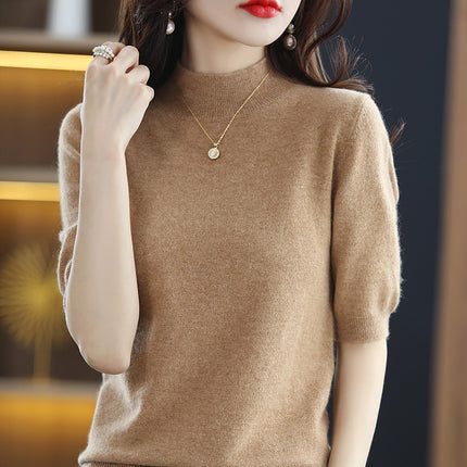 Spring and Autumn New Style Half Turtleneck Mid-Sleeve Bottoming Shirt Thin Knitwear Women's Loose Knitted Knitwear Short-Sleeved Three-Quarter Sleeve Top