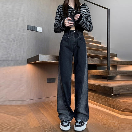 Black Grey Wide Leg Jeans Women's Fashion All-match New Loose Slim Look Small Narrow Straight Long Pants