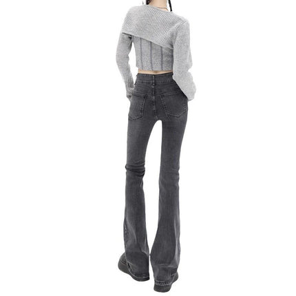Grey Micro La Jeans Women's Autumn Trendy All-match New American Style Slim Look High Waist Stretch Horseshoe Trousers