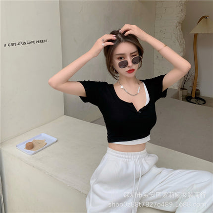 92 Rayon 8 Spandex Summer New Hot Girl Fake Two-Piece Short-Sleeved T-Shirt Women's Niche Slim Bm Short Crop Top