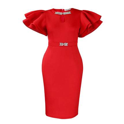 D580 European and American Cross-border Summer Round Neck Lotus Leaf Sleeve Nail Drill Hip dress Party Banquet Hollow Foreign Trade Dress