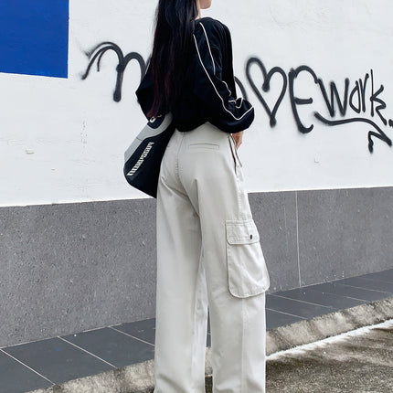 American casual overalls 2025 spring new design sense multi-pocket loose wide leg pants Denim floor pants