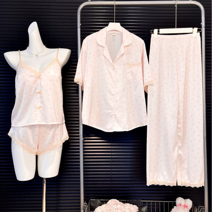 Small Floral Print Women's Short Top, Shorts, Short-Sleeve Long Pants Four-Piece Set, Spring and Summer Lace with Chest Pads, Sweet Ice Silk Loungewear