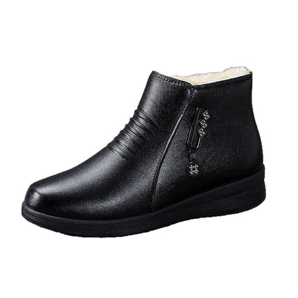 Mom's Shoes, Cotton Shoes for Women, Autumn and Winter Soft-Soled Short Boots for Middle-Aged Women, Middle-Aged and Elderly Women's Shoes, Fleece-Lined Warm Flat Leather Shoes
