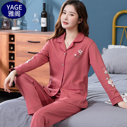 Pure Cotton Pajamas Women's Spring and Autumn Long-sleeved Cardigan Suit for Middle-aged and Elderly Mothers Large Size Outfit Home Clothes for Winter