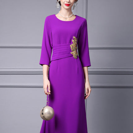 Zhili Middle and Old Beautiful Mother dress Long High-end Western-style Purple Heavy-industry Nail Drill Slim Light Dress