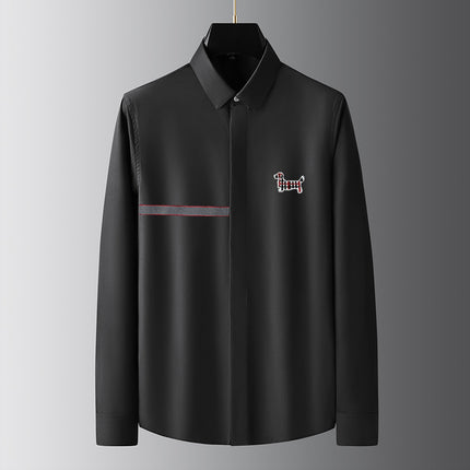 Men's Luxury European Style Slim-Fit Tencel Cotton Non-Iron Fashion Business Shirt with Embroidered Dog Design Long-Sleeve Men's Shirt