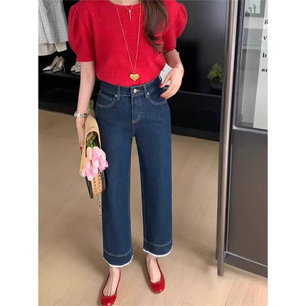 Lace-Trimmed Cropped Straight-Leg Pants Spring New Women's Plus-Size Pear-Shaped Figure Slimming High-Waisted Jeans