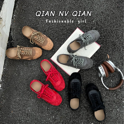 Niche Retro German Training Shoes for Women 2026 New Model Genuine Leather Versatile Front Lace-Up Patchwork Casual Sneakers Flat Sneakers