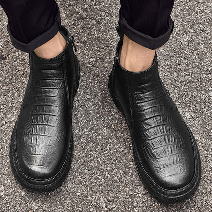 Men's Shoes Casual Shoes Business Leather Boots Outdoor Casual Ankle Boots Autumn and Winter High-top Foot Crocodile Pattern Craft Noodles Adult