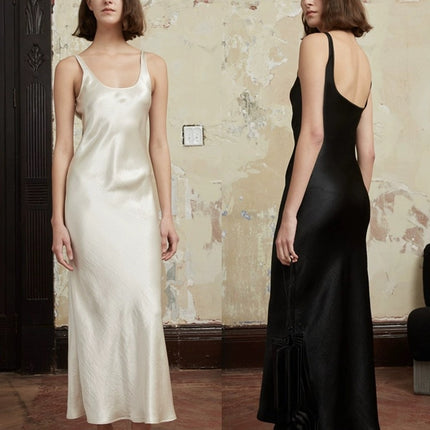 Imported Triacetate Large Open-Back Pleated Textured U-Neck Tank-Style Dress for Women, Autumn Bias-Cut Satin Long Dress