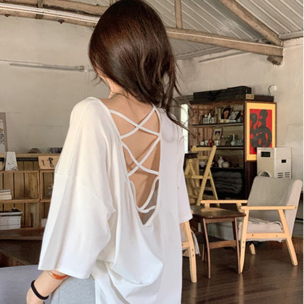 Cross Backless Short-sleeved T-shirt Women's Summer New Arrival Laid-back Loose Casual Design Hot Girls Chic Trendy Top