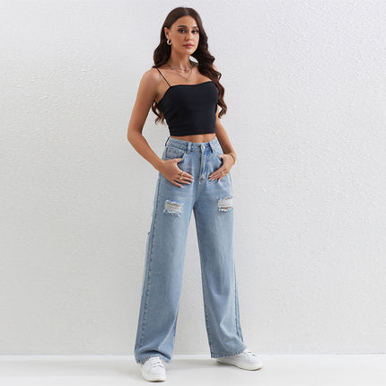 New TEMU Explosive Light Color Jeans Women's Ripped Wide Leg Straight Pants High Waist light blue Pants for Women