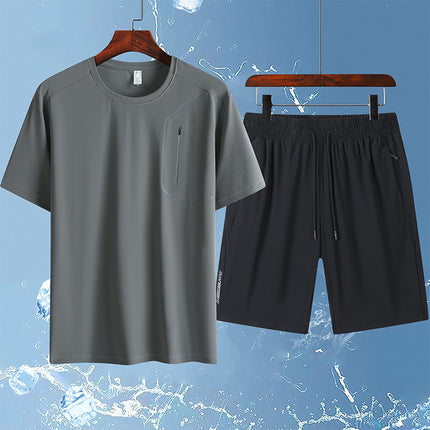 25 Summer Ice Silk Sports and Casual Large Size Short Suit Men's Summer Ice Silk Quick-Drying Ice Silk Two-Piece Running Suit