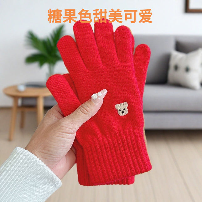 Warm Gloves for Women in Autumn and Winter to Prevent Cold and Keep Students Warm, Cute Bear Wool Knitted Touch Screen Fingers