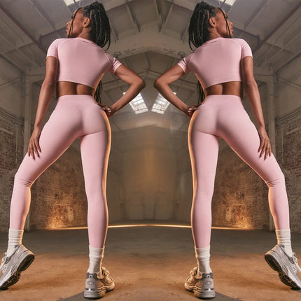 Seamless High Elastic Tight Yoga Suit suit Factory Women's Solid Color High Waist Sports suit Short Sleeve Pants Two Pieces Yoga