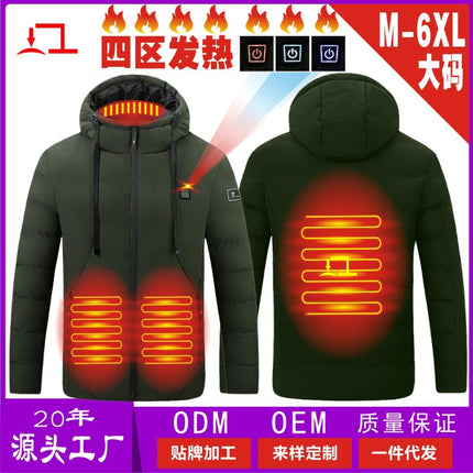 Cross-Border Popular USB Smart Heating Cotton Jacket Hooded Warm Men's Cotton Jacket Outdoor Graphene Heating Jacket