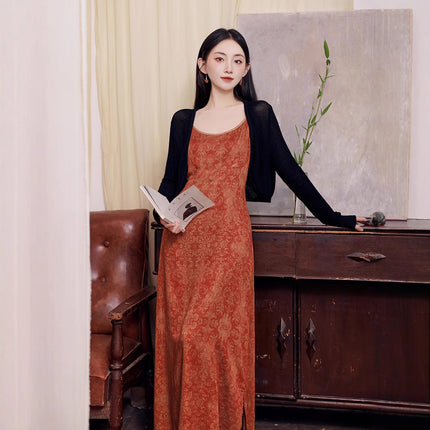 ycfs1621 New Chinese Style National Style Retro Orange Summer Elegant Simple Long Slip Skirt Cardigan Two-Piece Set