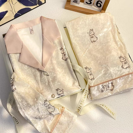 Velvet Pajamas for Women, Cute Rabbit Autumn and Winter Long-Sleeve Long Pants Sweet and Cute Warm Loungewear Two-Piece Set