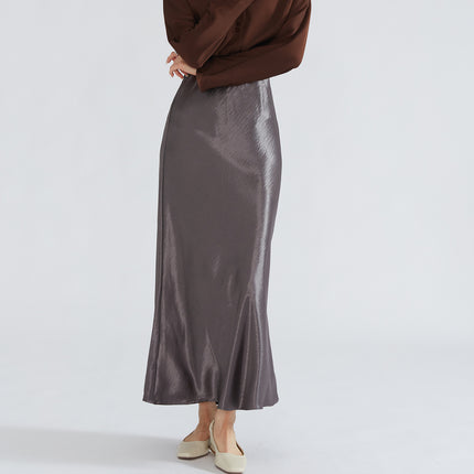 Silky Double-Sided Satin Floor-Length Skirt for Women High-Waisted Textured Elastic Waist Fishtail Long Skirt