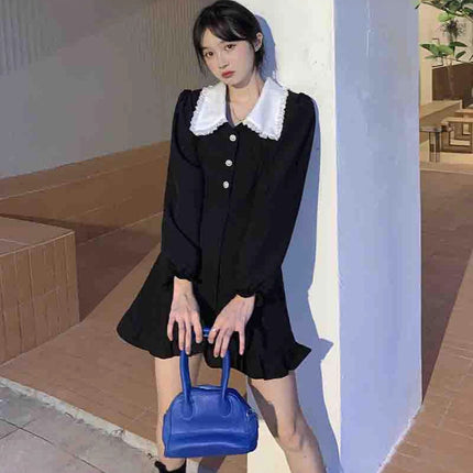 French Retro Black Long-Sleeved Dress for Women Spring & Fall 2025 New Style Sweet Waist-Cinching Doll Collar Short Skirt