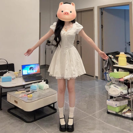 2025 Summer Exclusive White Puffy Short Skirt for Petite Women with Exquisite Lace Trim and Waist-Cinching Design That Exudes a Fairy-Like Vibe