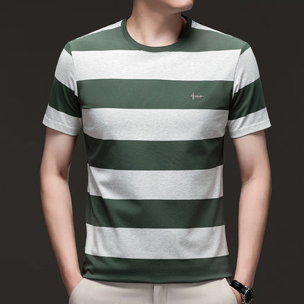 Mingdi Mouse Men's Summer New Casual Short-sleeved Crewneck Plus Size T-shirt Business Striped Pure Cotton Men's T-shirt