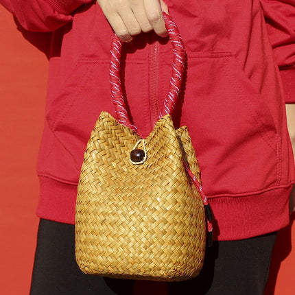Chinese Red Festive Wedding Straw Woven Bag Bridesmaid Gift Bag Wedding Candy Box Handmade Woven Women's Shoulder Bag