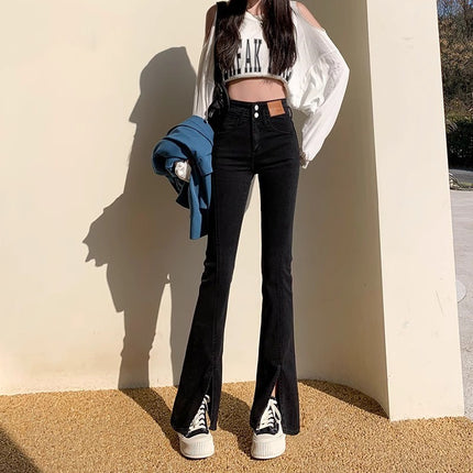 Black Spiggy Spiggy Jeans Women's Trendy All-match New High Waist Slim-fit Loose Slim-fit Design Flared Pants