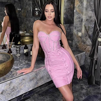 European and American foreign trade high-end fashion design heart machine nail drill breast sexy backless sleeveless tight bandage dress