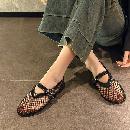 Ballet Shoes Women's Flats Hollow Out Mary Jane Single Shoes Fishnet Shoes 2025 Summer New Sandals Women Mesh Shoes