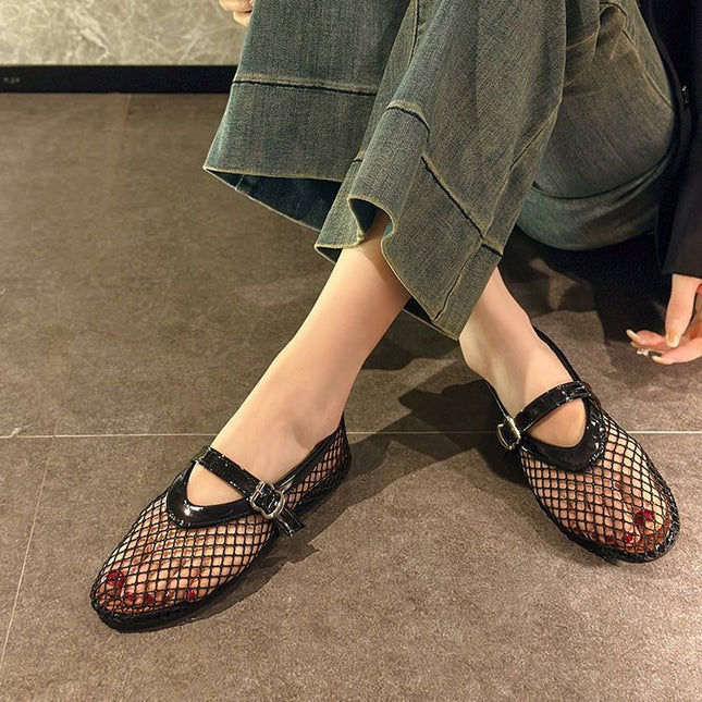 Ballet Shoes Women's Flats Hollow Out Mary Jane Single Shoes Fishnet Shoes 2025 Summer New Sandals Women Mesh Shoes