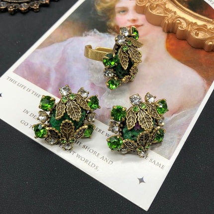 Retro Style Versatile Earrings Ring Leaf Design Copper Material Diamond Pink Crystal Topaz Old Gold Ring Set Jewelry