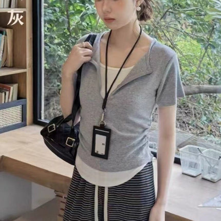 French Style Lace Stitching Design Sense Fake Two-piece Short Waist Tops Women's Summer Small Gray Short-sleeved T-shirt
