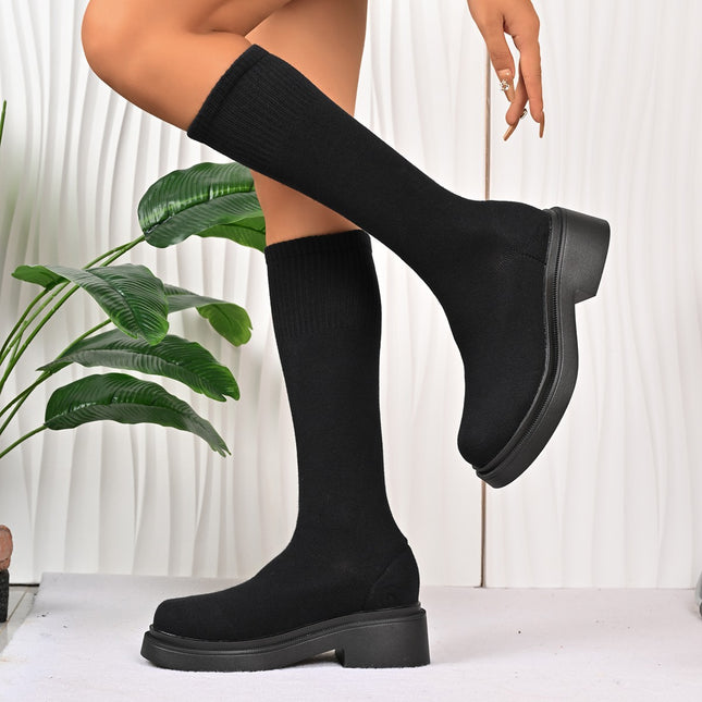New Foreign Trade Spring and Autumn Elastic Slim Boots Mid-Calf Long Boots Women's Elastic Boots Chunky Heel Knit Sock Boots Slimming Versatile