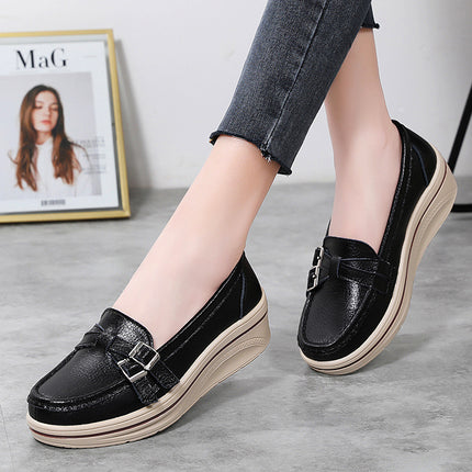 2025 Spring New Casual Thick-Soled Wedge Heel Large Size Slip-On Round Toe Metal Buckle Comfortable and Versatile Mother's Shoes