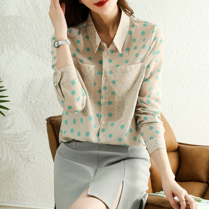 Real Shot Early Autumn New Green Dot Chiffon Shirt Women's Light Mature Design Sense Niche French Shirt Chic Top