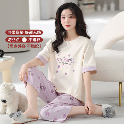 Pajamas Women's Summer Short-sleeved Knitted Cotton Wear-free Bra with Chest Pad Can be Wearing Outer-wear Anti-sudden Sleeping Beauty-making Home Wear Casual Wear