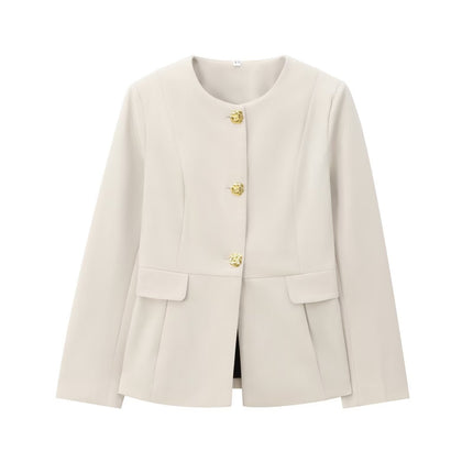 European and American Style Solid Color French Style Fragrant Style Celebrity Elegant Casual Commuter Flip-on Slim-fit Round Neck Professional Suit Jacket