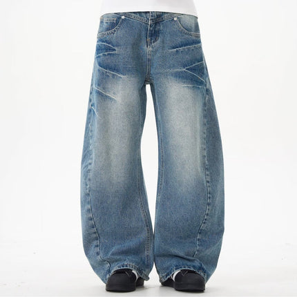 High Street Retro Scimitar Jeans for Women, Washed Lightning Pattern, Deconstructed Three-Dimensional Design, Loose Slimming Wide-Leg Pants