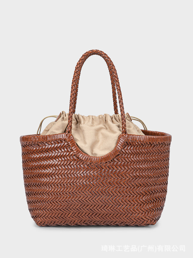 Dragon Same Style French Style Woven Vegetable Basket Bag Women's Genuine Leather Shoulder Bag Vintage Handmade Bag Ins Style