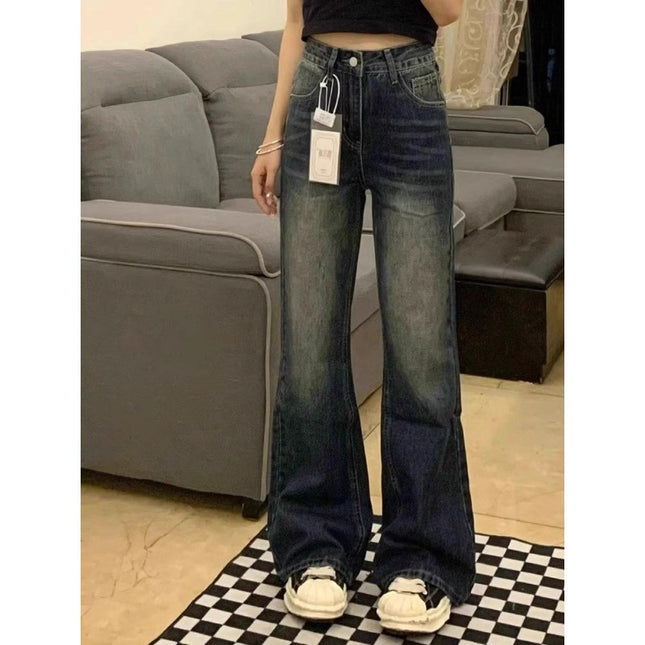 Blue Gray Micro-flare Jeans Women's Fashion All-match plus size High Waist Hip Covering Slimming Horseshoe Trumpet Long Pants