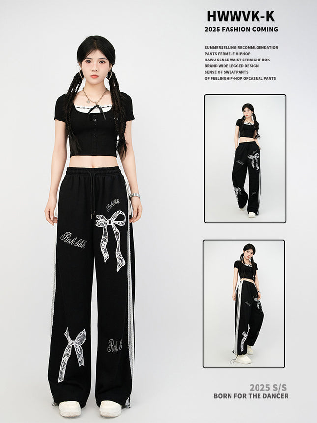 Street Dance Trendy Brand Lace Bow Sports Suit Cropped Short-Sleeve T-Shirt Jazz Pants Women Slim Loose Pants