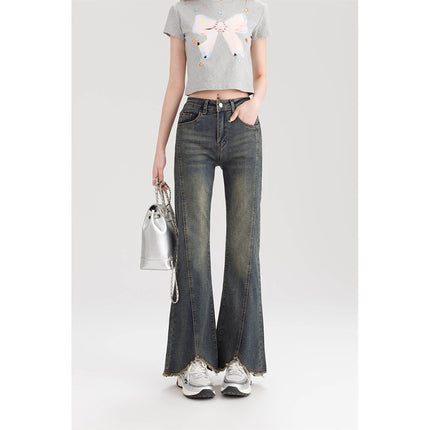 Rust Design Sense Micro-flare Jeans Women's 2025 Spring New High Waist Elastic Slim-fit Horseshoe Pants