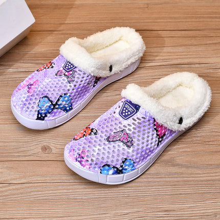 Velvet Cut Out Clogs, Home Casual Slip-On Warm Cotton Slippers, Autumn and Winter Cute Butterfly Garden Shoes, Comfortable