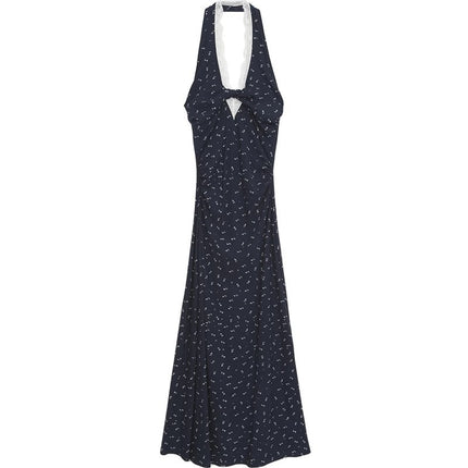 French Style Neck Waistline Floral Sling dress Women's Summer Niche Design Spice Girl Lace Stitching Tea Break Long Dress