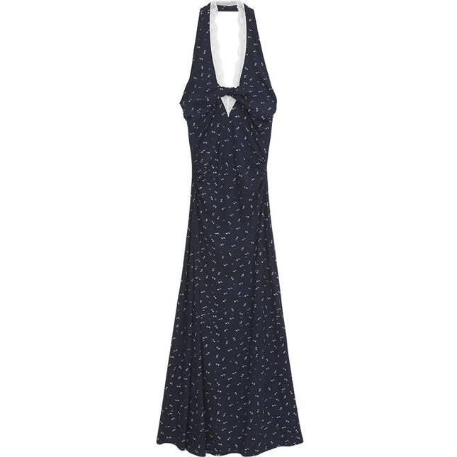 French Style Neck Waistline Floral Sling dress Women's Summer Niche Design Spice Girl Lace Stitching Tea Break Long Dress